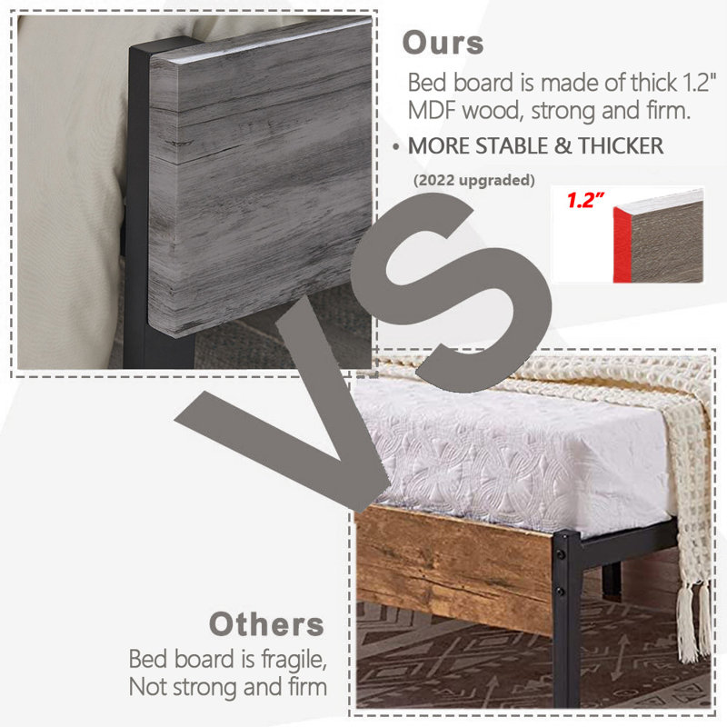 Structure de lit plateforme en métal avec tête et pied de lit en bois rustique épais de 3 cm, design industriel, aucun sommier tapissier requis, assemblage facile