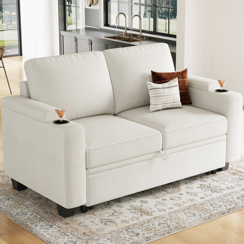 Penelopa Bujesily Chenille Double Seat Sofa Pull Out Bed Sofa Couch For Apartment, Beige
