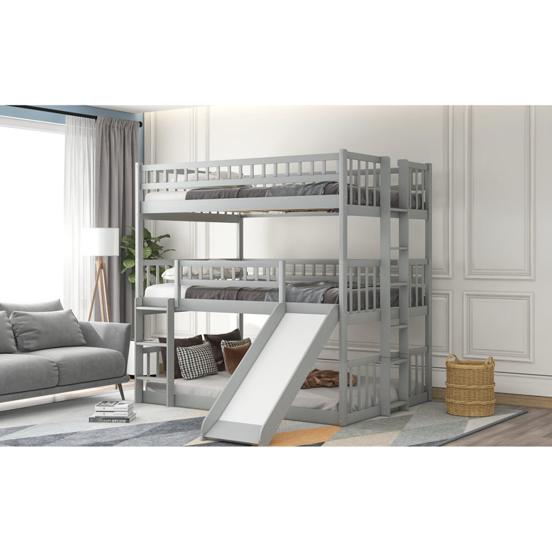 Grey Triple Bunk Bed, Space Efficient, Constructed With Wood Bed In Grey, Build Guardrails And Play Element