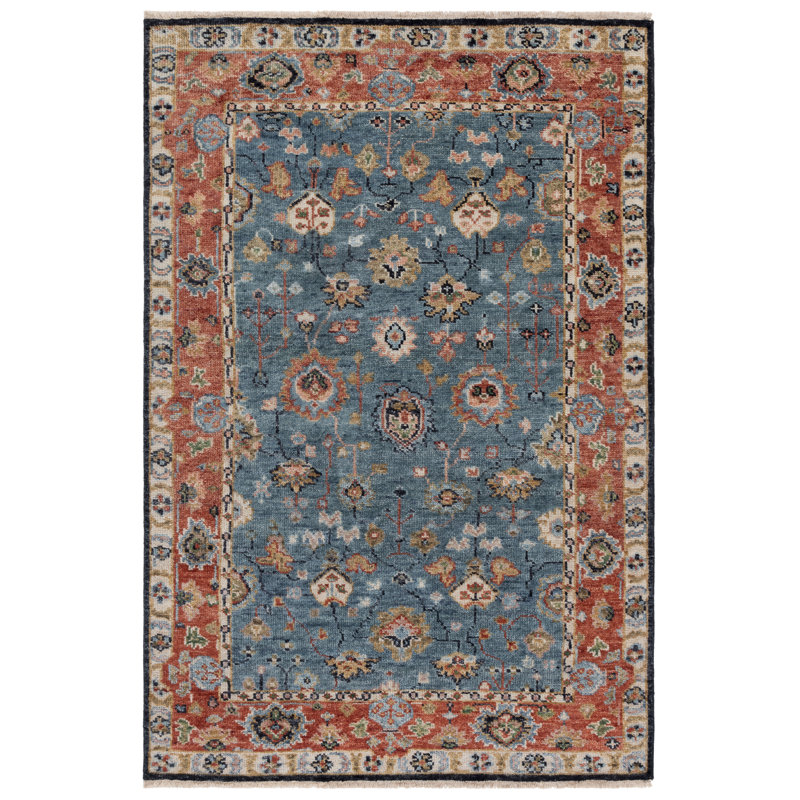 Southwestern Hand-Knotted Wool Blue / Red Area Rug, Rectangle 6' x 9'