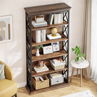 Stylish 6-Tier Industrial Bookshelf With X-Pattern Design For Living Room, Office, And Bedroom Storage