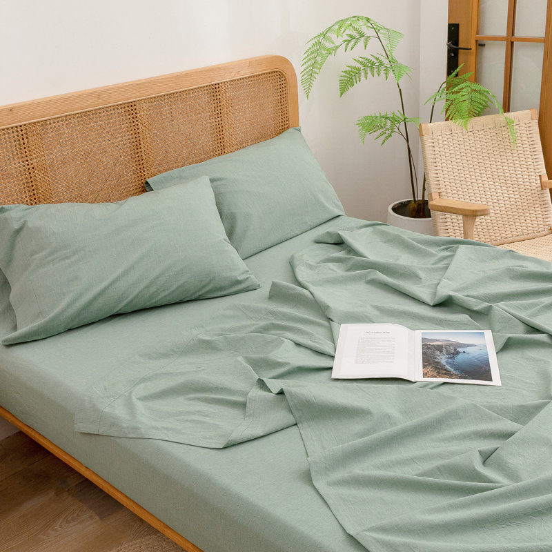 BESTOUCH Sheet Set 100% Washed Cotton Linen Feel Lightweight, California King Sheet Set with 2 Pillowcases, Green