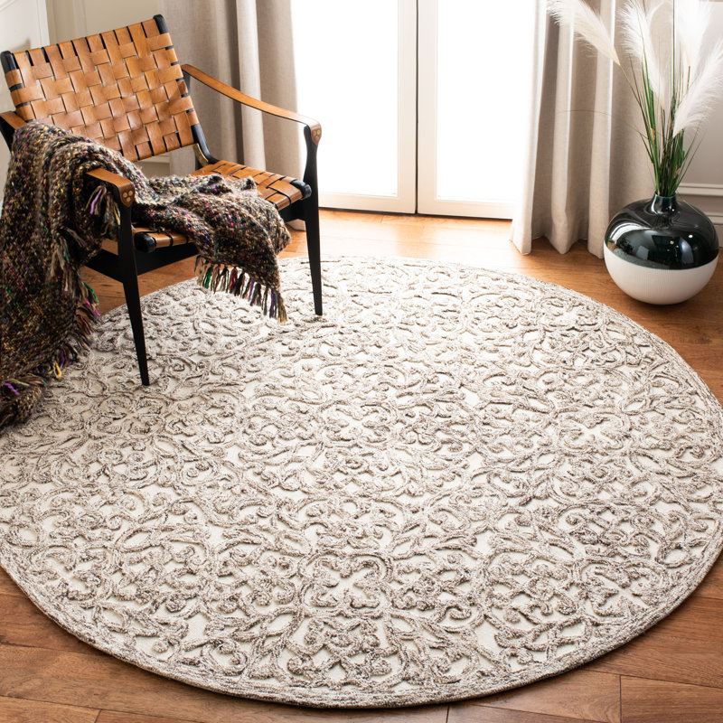 Sarina Geometric Handmade Tufted Wool Brown/Ivory Area Rug, Round 4'