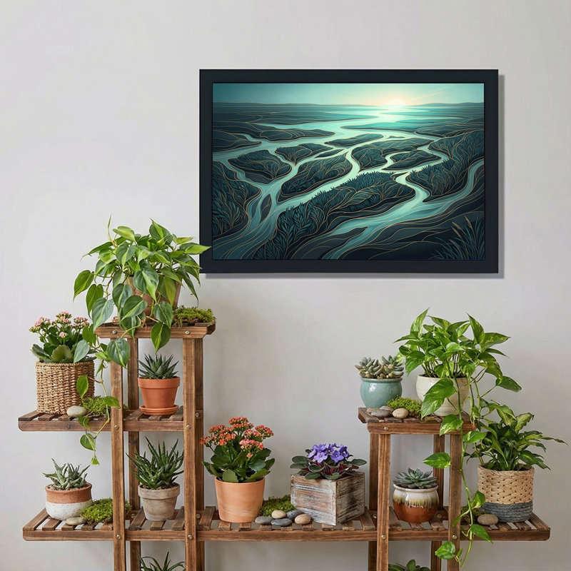 «River Delta» stylisé, art mural sur toile bleu sarcelle et or, 16"H x 24"W