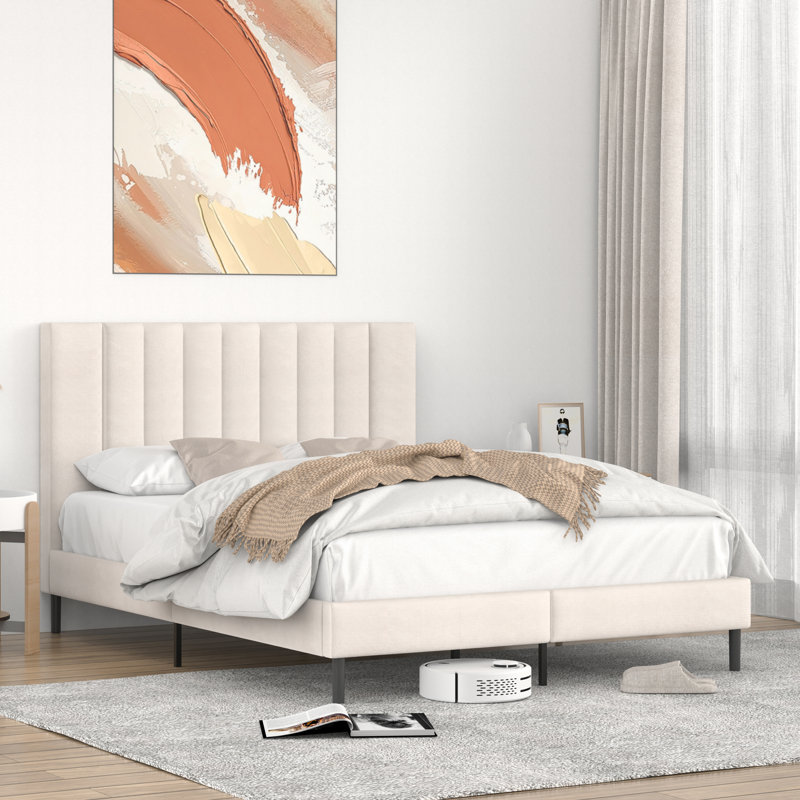 Cream Velvet King Platform Bed with Tufted Upholstered Headboard
