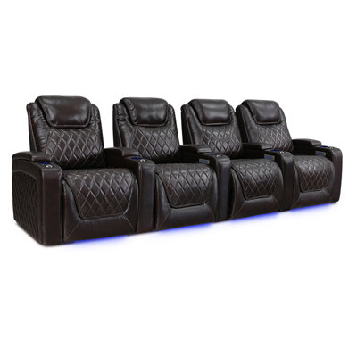 130.75" Wide Genuine Leather Power Reclining Home Theater Seating with Cup Holder