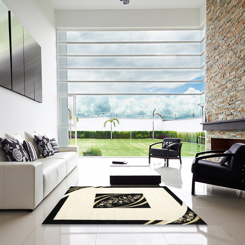 Tapis de zone noir/crème contemporaine, Carré 7 pi