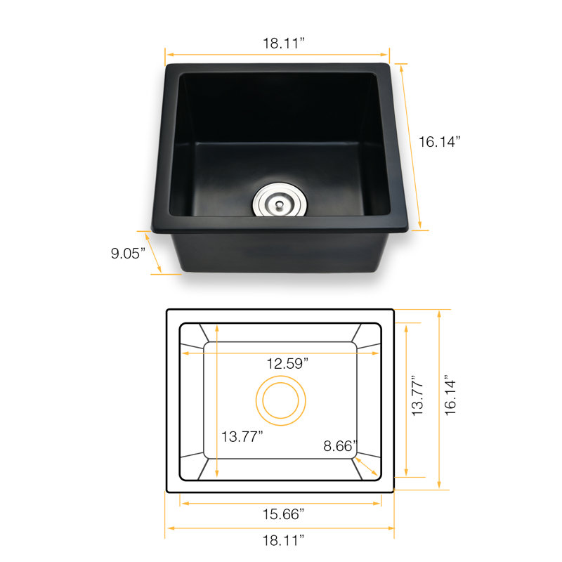 18.11'' L Single Bowl Quartz Kitchen Sink, Black