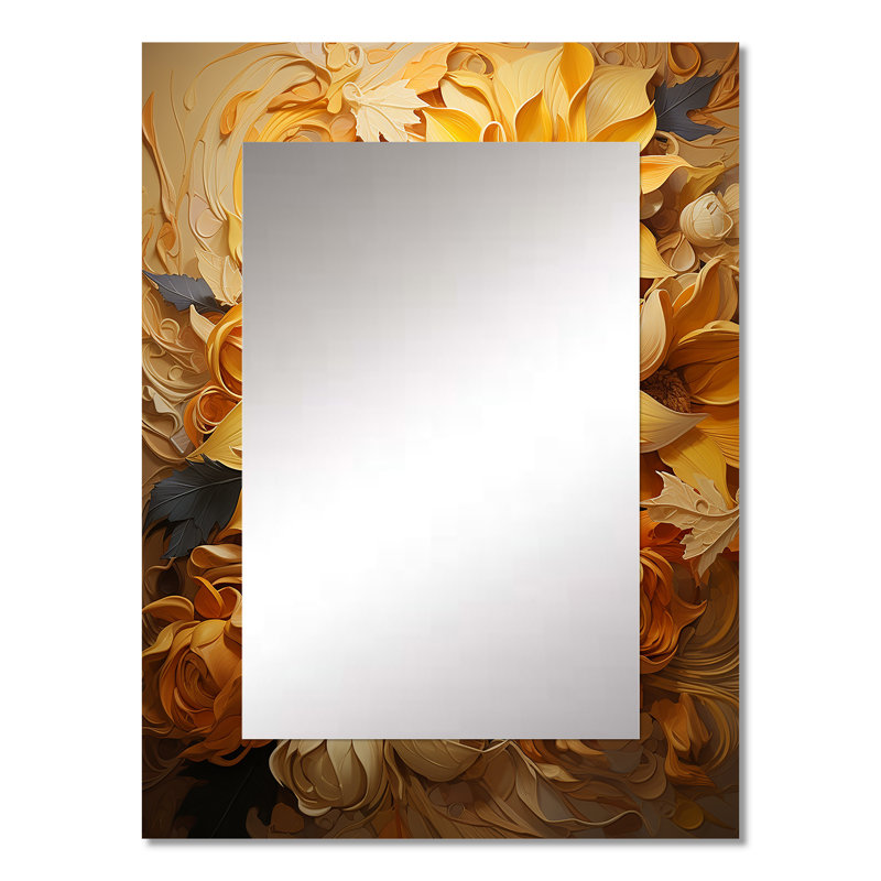 Radiant Reverie Botanical II - grand miroir botanique, décor de miroir mural unique jaune, impression d'art en métal