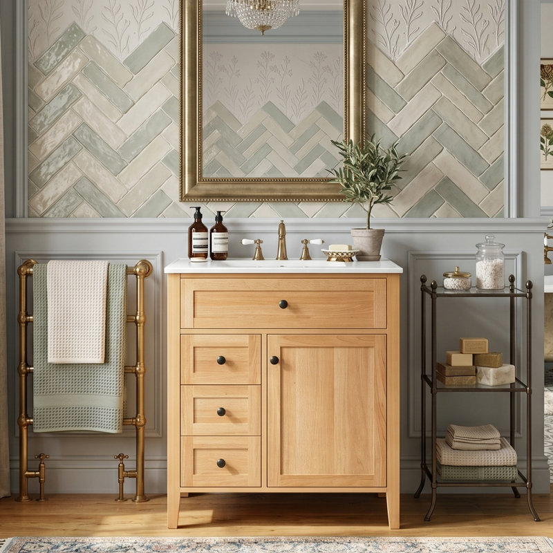 Meuble-lavabo de 30 po avec comptoir en céramique, pieds en bois massif avec tiroir basculant, 2 tiroirs à fermeture en douceur et support de porte, grain de bois naturel