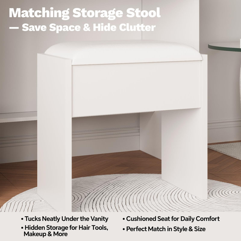 Makeup Vanity Desk with Mirror and Lights, Vanity Table with Charging Station, Power Outlets & USB Ports, Drawers, Shelves, Stool Included, LED Vanity Desk for Bedroom