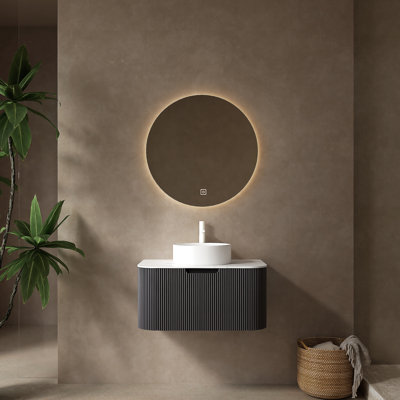 Meuble-lavabo de salle de bain 30 po avec lavabo, meuble-lavabo mural moderne à bords arrondis et courbes avec tiroir, lavabo rond en céramique blanc sans robinet, pré-assemblé, noir
