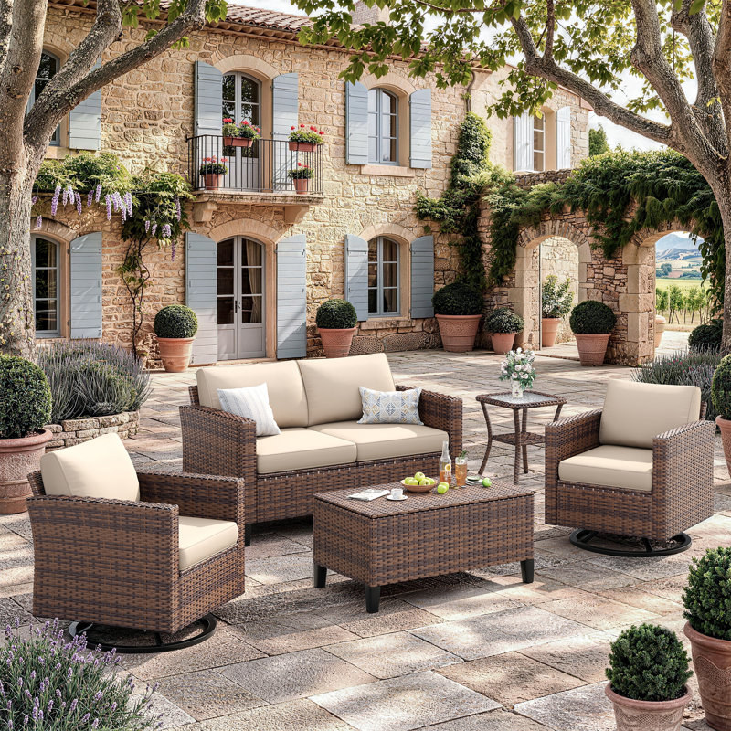 Ensemble de conversation pour patio pour 4 personnes avec table basse de rangement - structure en acier galvanisé, rotin PE, coussins à séchage rapide 4 po