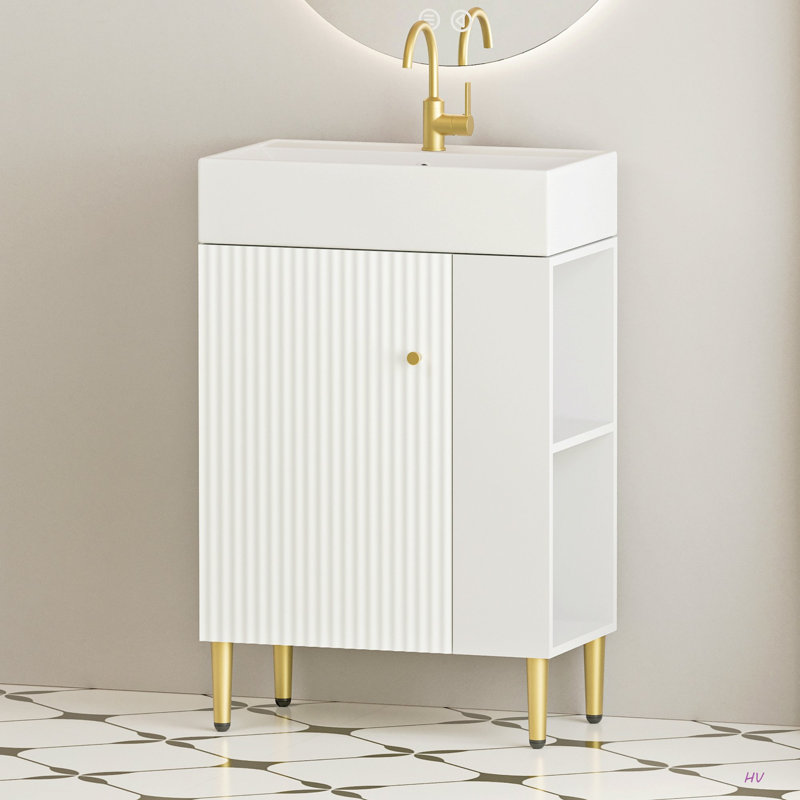 Meuble-lavabo à tablettes ouvertes de 21,6 po avec lavabo en céramique et porte à fermeture douce, armoire de rangement à tablettes ouvertes du côté droit