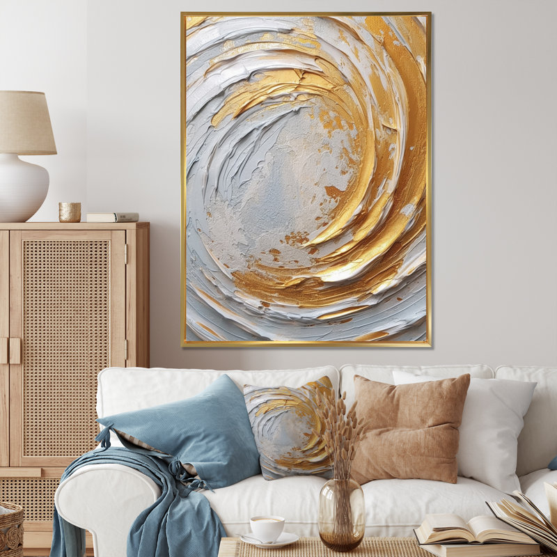 Or et crème tourbillons enchantés II sur toile, H 44 po x l 34 po x P 1,5 po, Cadre flottant doré