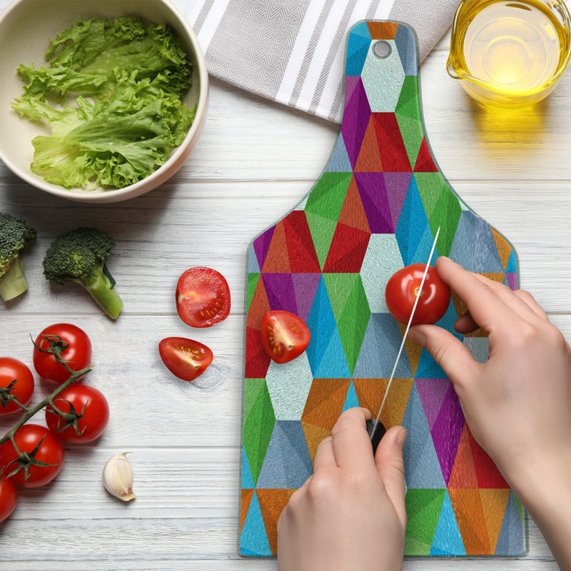 Ambesonne Colorful Tempered Glass Cutting Board Retro Mosaic Triangle Multicolor