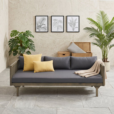 Outdoor Acacia Wood Daybed with Slat Paneling and Cushions, 3-Seater Patio Sofa