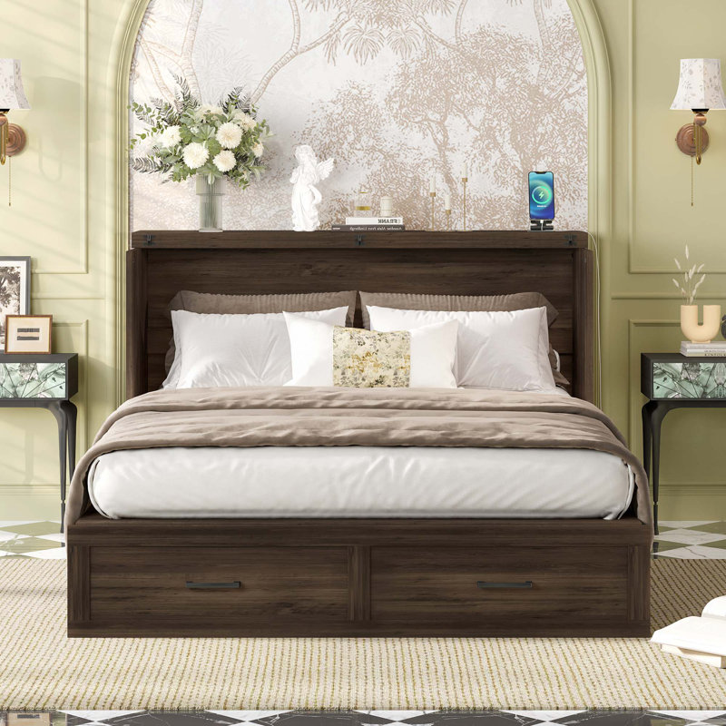 Armoire-lit escamotable pliable avec station de charge, Queen