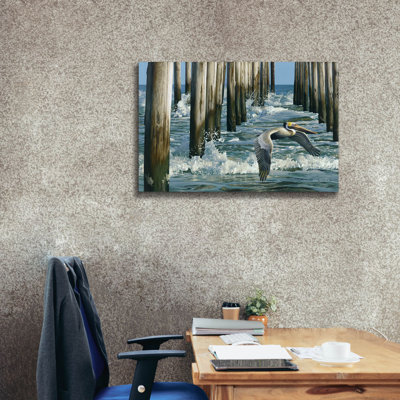 «Fishing Pier» - pélican sur toile par Mark Mueller, reproduction d'art animalier