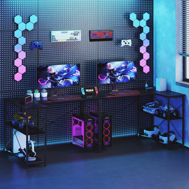 L-Shaped Computer Desk with Power Outlets Adjustable shelf Heavy-Duty Metal Frame Black