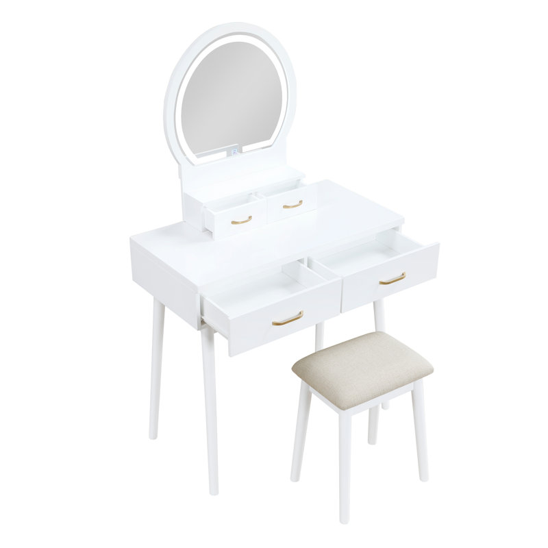Magnifique commode de meuble-lavabo à finition blanche avec miroir et tabouret avec tiroirs de rangement