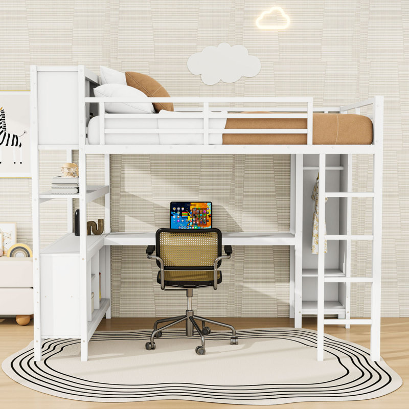 Lit mezzanine en métal avec garde-robe, bureau et tablettes de rangement, Blanc