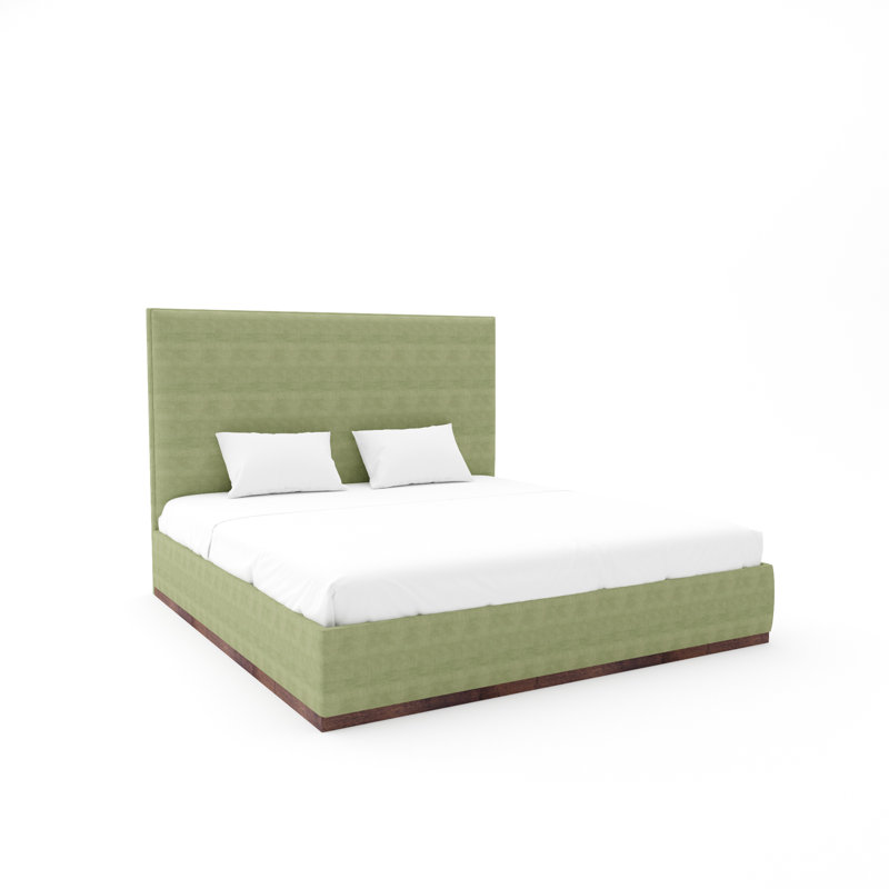 Lindley Custom Upholstered Bed with Wood Base, Posh Life Performance Velvet Dove, King, Weathered