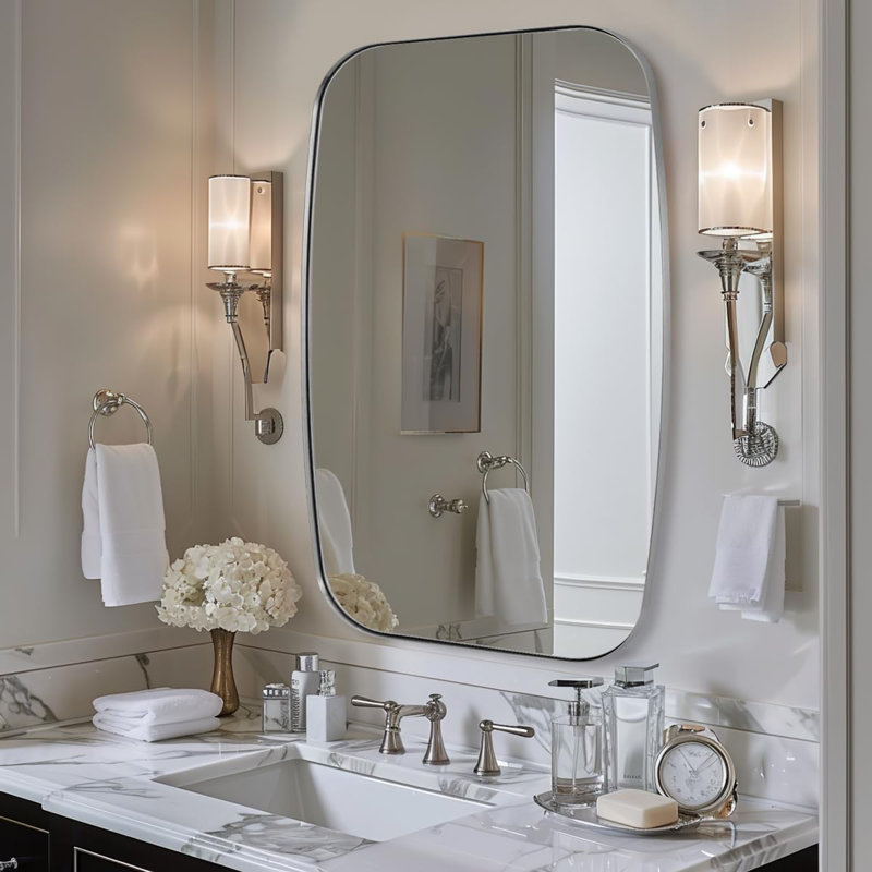 Miroir de salle de bain ovale moderne | Cadre en acier inoxydable, Nickel brossé, 30 po x 22 po