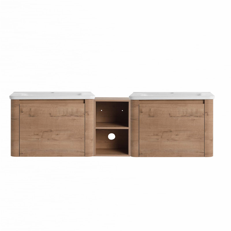 Meuble-lavabo mural avec lavabo en céramique, tablettes de rangement et 2 portes à fermeture en douceur, 68"
