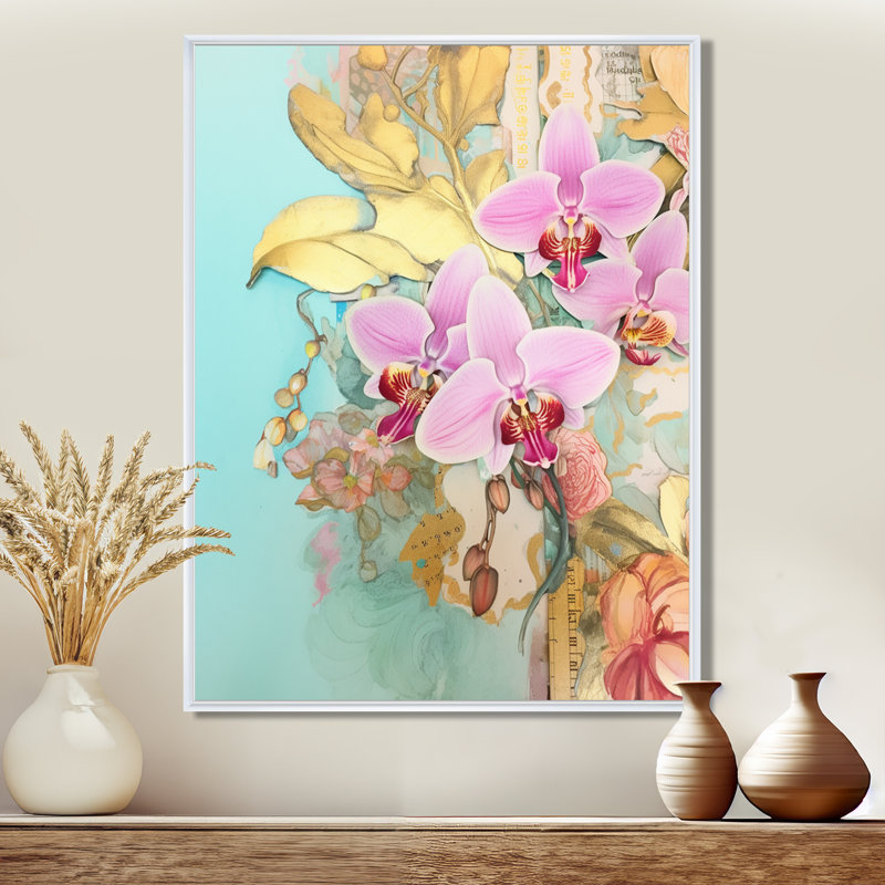 Orchidées roses, délicatesse dorée, bleu rétro - orchidée murale, salon, Cadre flottant blanc, bois massif, H 44 po x l 34 po