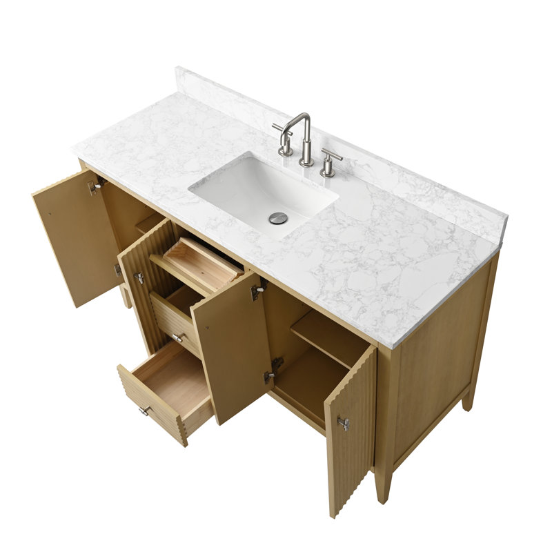 Meuble-lavabo simple 60 po avec plateau en marbre d'ingénierie 60 po, Nickel brossé, Chêne naturel linéaire