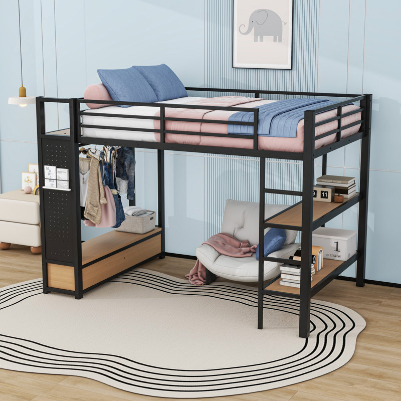 Metal Loft Bed With 2 Drawers, Shelves And Pegboards, Full