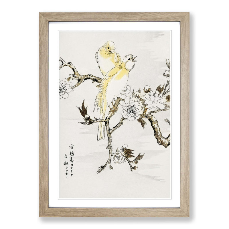 Canary Birds & Peach Blossom by Numata Kashu - Picture Frame Art Print, Oak Framed, 65cm H x 48cm W x 2cm D