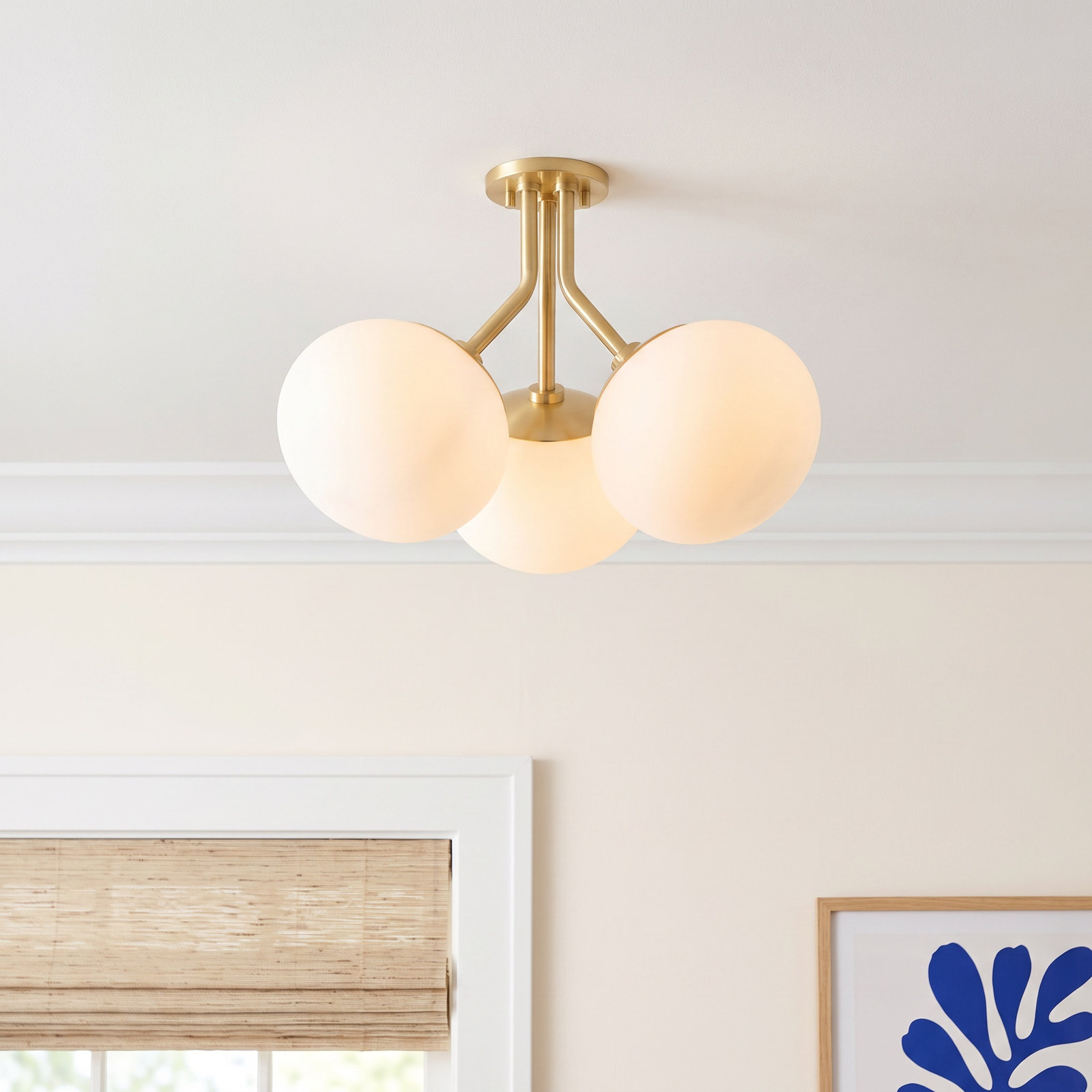 Alex 3 Light Glass Semi Flush Mount, Aged Brass