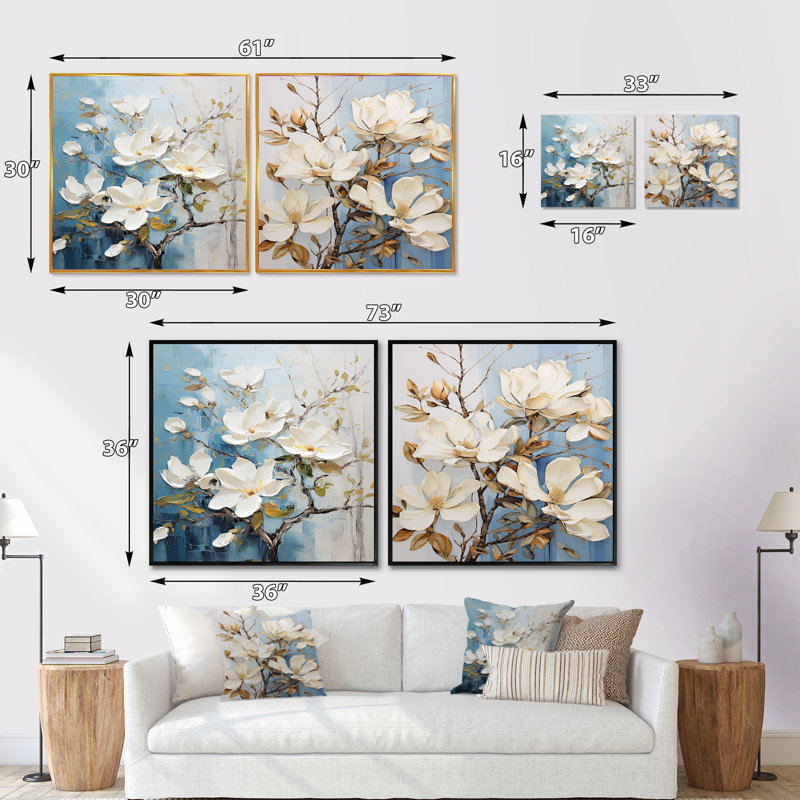 Ensemble de 2 collages carrés blancs et or Magnolia Serenity - Magnolias, Cadre flottant noir, H 16 po x l 33 po