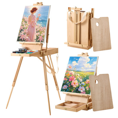Chevalet français pliable et portable avec pieds, idéal pour la peinture. En hêtre massif, il supporte des toiles jusqu'à 86 cm (33,86 pouces). Hauteur et angle réglables. Comprend un tiroir, une palette et une bandoulière.