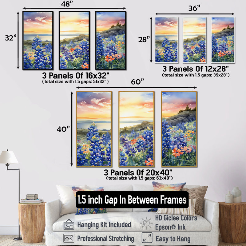 «Blue Bonnets Sunset I», ensemble d'art sur toile Blue Bonnets, Cadre naturel flottant, H 40 po x l 60 po x P 1 po