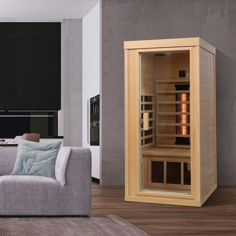 Belfry Bathroom Pondella 1 - Person Bluetooth Compatible FAR Infrared Sauna with Remote Control in Hemlock