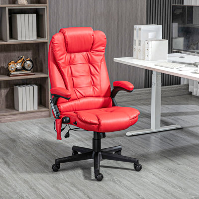 Red Heated Reclining Office Chair With 6 Vibration Massage & Armrest - Alleviate Back Pain, Adjustable Seat Height, Provide All Day Support 6 Points Chair, Reclining, Pu Leather Cushioning