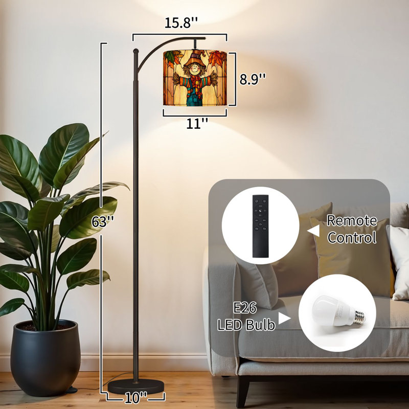 Lampe sur pied à arc avec abat-jour ajustable Fall Scarecrow Autumn Rustic Farmland Lampadaire 3 températures de couleur à intensité variable pour poteau