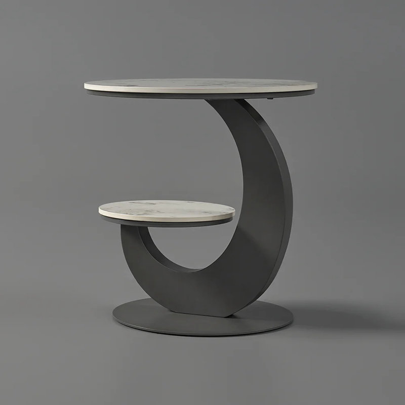 Sintered Stone Side Table 2 Tier Round End Table Living Room, Stone