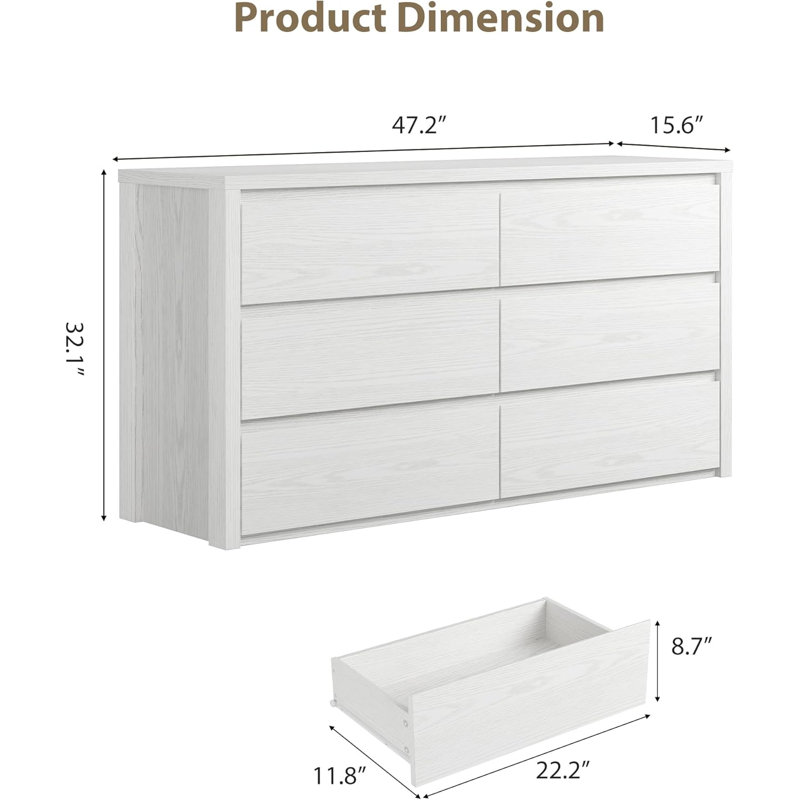 Commode rustique à 6 tiroirs pour chambre à coucher, commode à tiroirs en bois, armoire de rangement sans poignées avec tiroirs