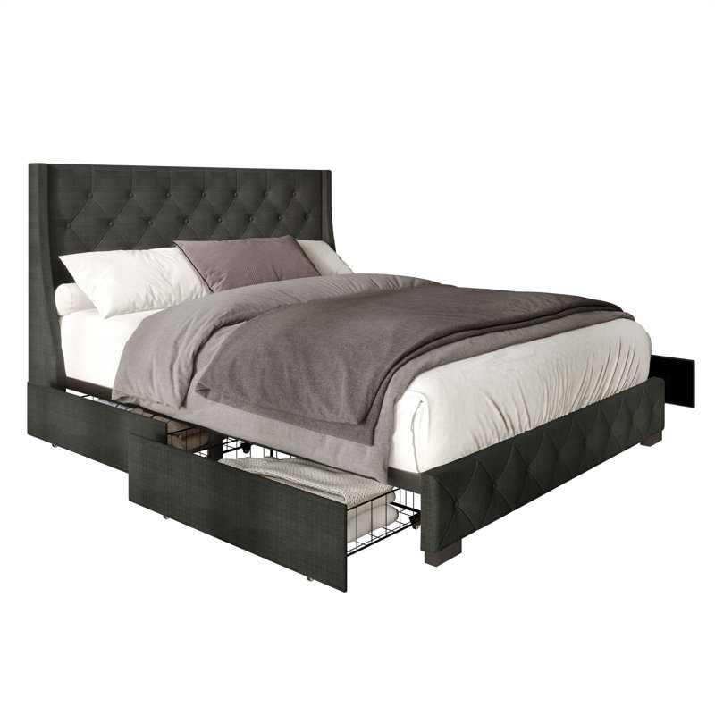Tasir Upholstered Wingback Storage Bed, Charcoal Gray, Queen