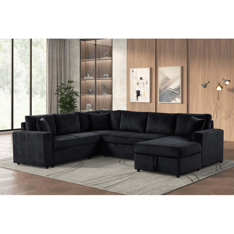123"W Corduroy Sleeper Sectional Sofa With Right-Facing Storage Chaise And Throw Pillows, Black Corduroy