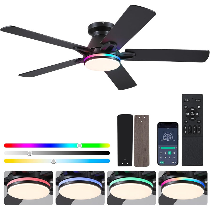 52" 5-blade Ceiling Fan with LED Light Kit and Remote Control, Black-RGB, 52"