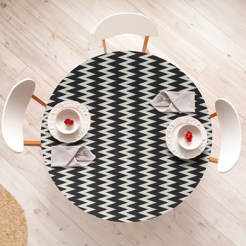 Ebern Designs Abstract Fitted Round Tablecloth Diameter Dark Grey Eggshell