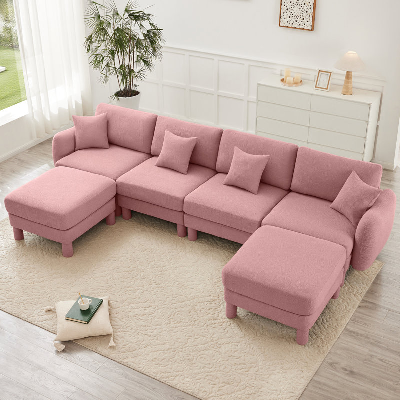 4 places en tissu bouclé rose, en forme de U avec coussins de dossier en forme de coquillage et de dossier moelleux, repose-pieds à ressorts