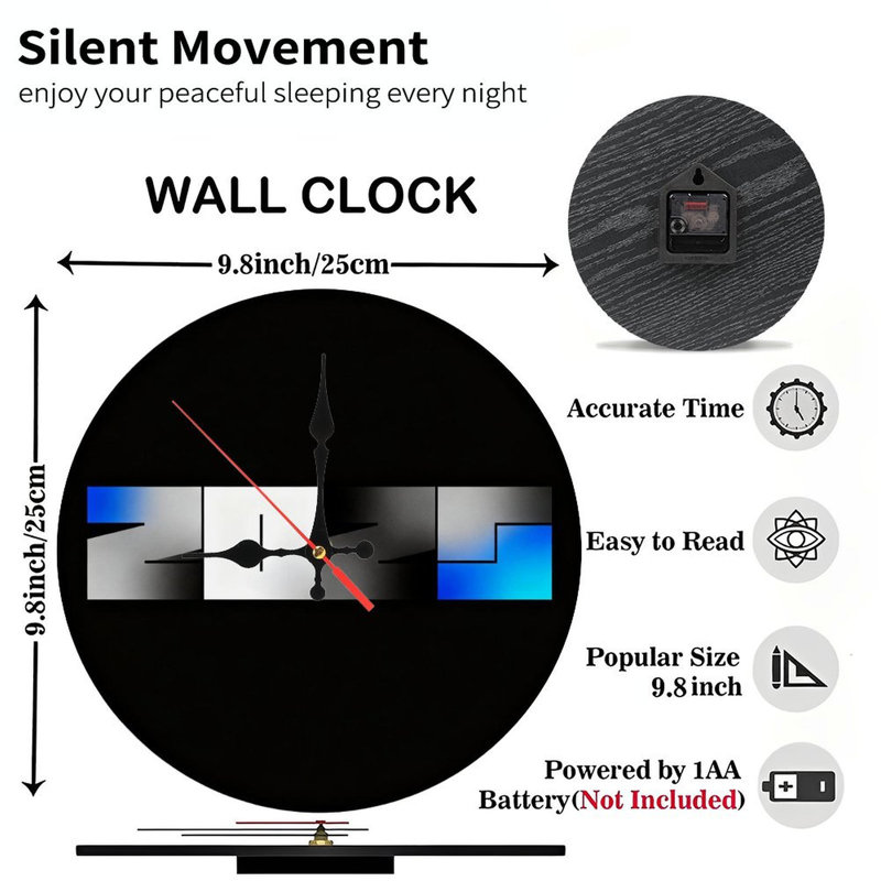 Horloge murale 10 po 2026 | Quartz silencieux, imprimé UV, à piles, Gris froid / bleu