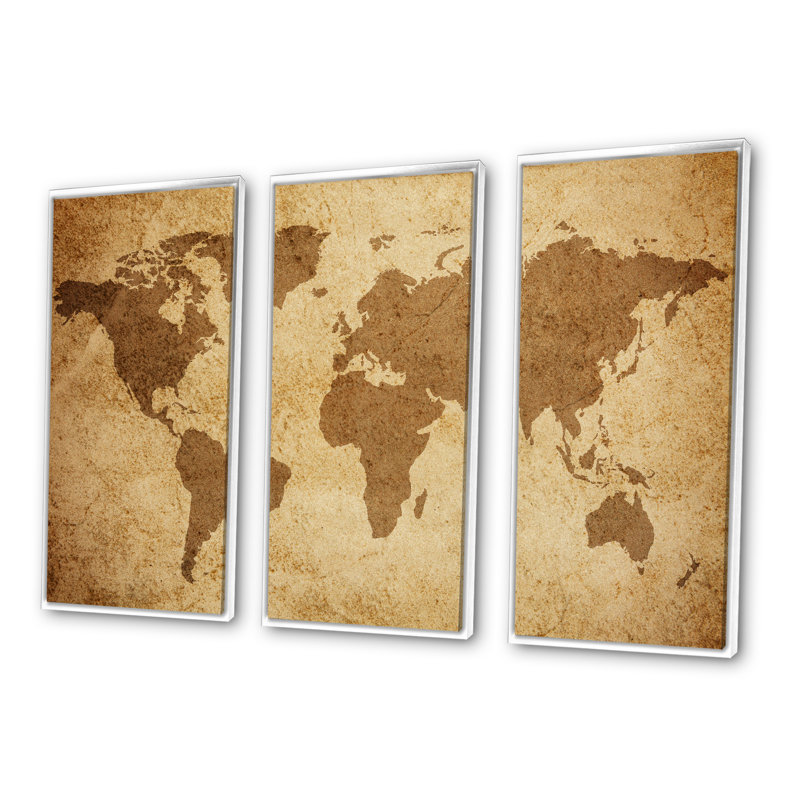 Ancienne carte du monde V - reproduction de cadre flottant 3 pièces sur toile, H 28 po x l 36 po, Blanc