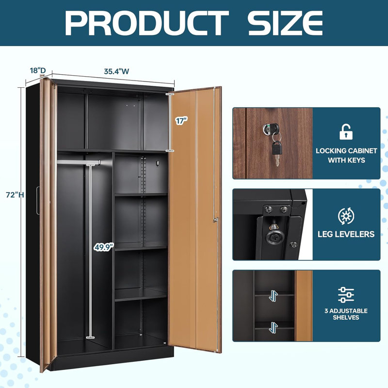 Ebern Designs Metal Wardrobe Cabinet with Locking Doors, Metal Storage ...